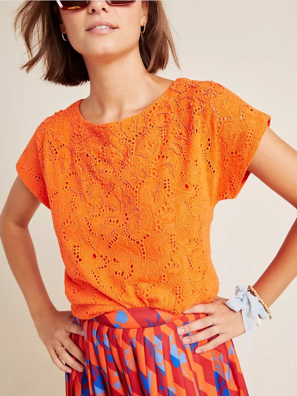Anthropologie Maeve Karine Colorful Orange Beaded Eyelet Top Size 2 NEW